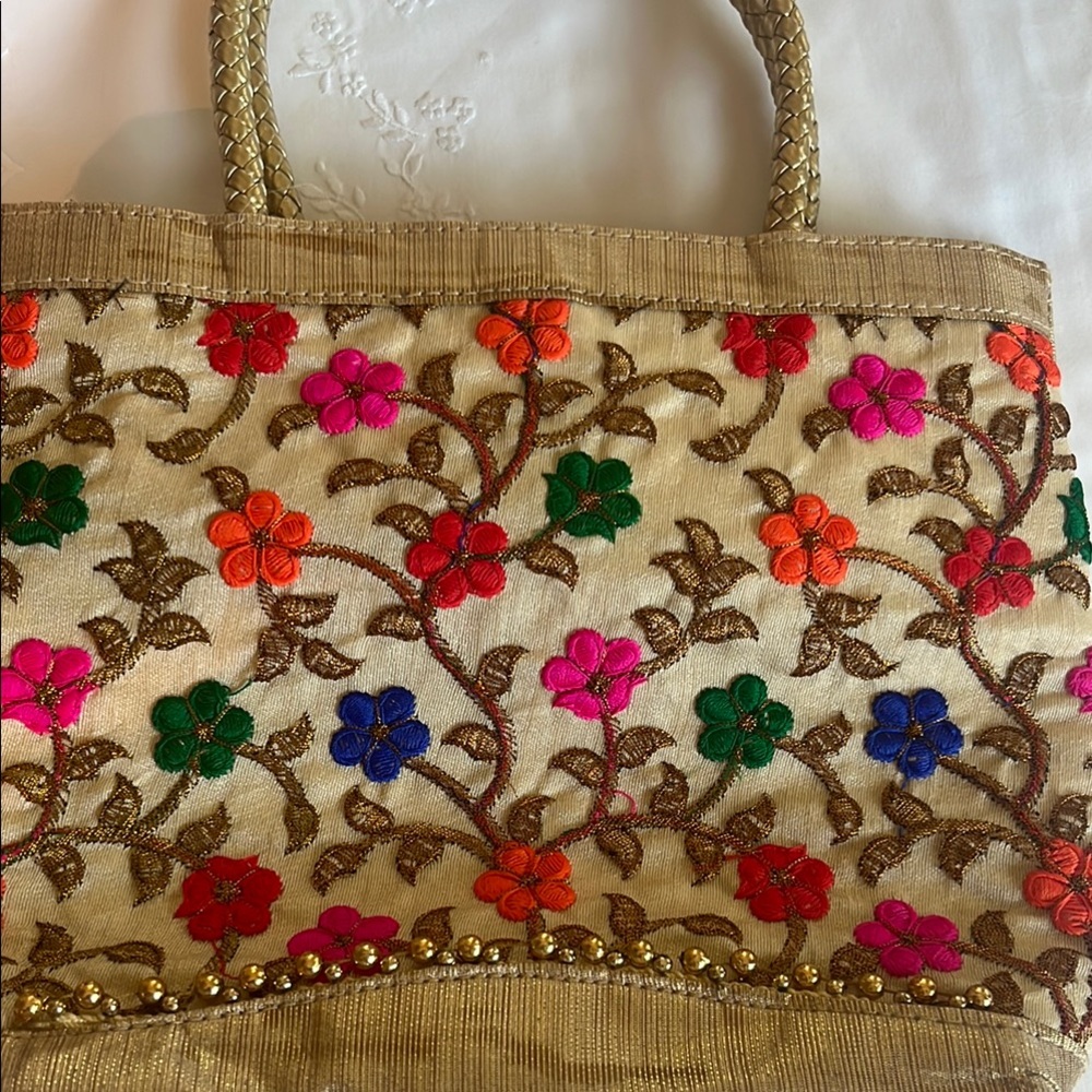 Floral Embroidered Tote Bag - Multicolor with gold accents